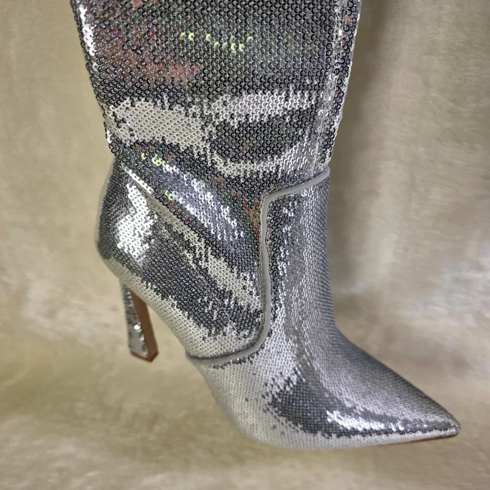 Steve Madden Thigh High Boots Silver Sequin Stretch Pointed Toe Womens 8 NEW